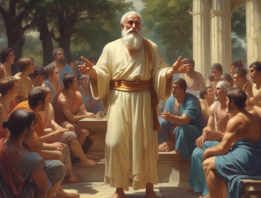 Plato teaching his students, Artwork made with AI from Magicstudio.com 